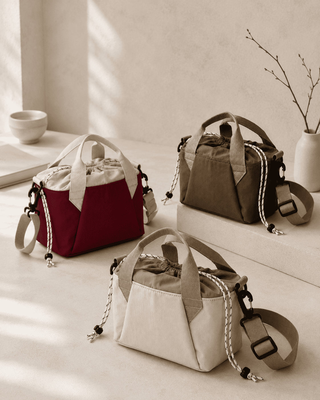 Bolso Noruli Daily Mini en sus tres colores: Duna, Burdeos y Moka